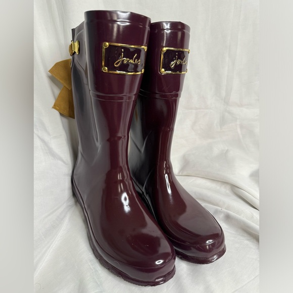 Free shipping! Joules Rain boots! Maroon with Gold lace up bow! Great shape! - Picture 1 of 7